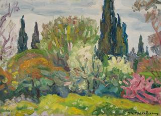 Trees, Cypresses, Spring — Oil painting, Canvas, 33.50×46.00cm — Theodoros Markellos